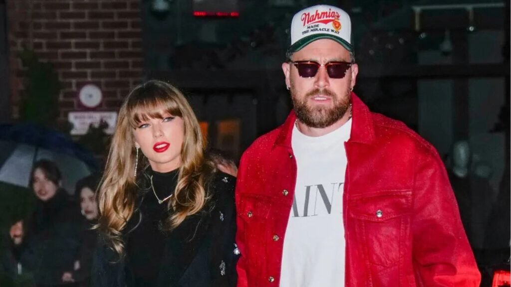 Taylor Swift and Travis Kelce at a red carpet event 2025