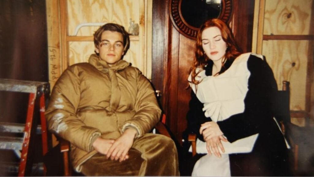 Kate Winslet and Leonardo DiCaprio behind the scenes during Titanic filming